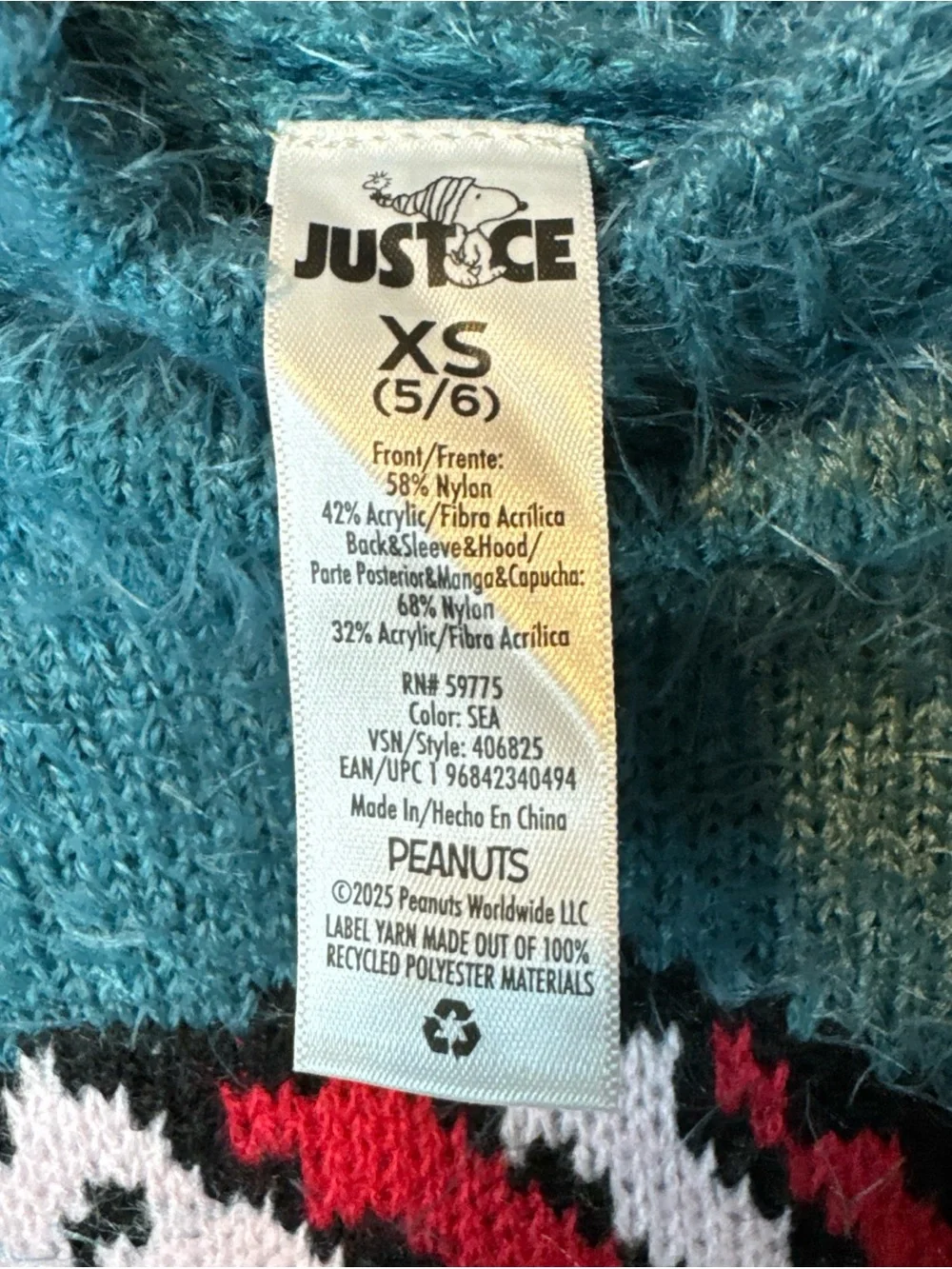 Peanuts Teal Fuzzy Hooded  Sweater with Woodstock 5/6 XS little girls